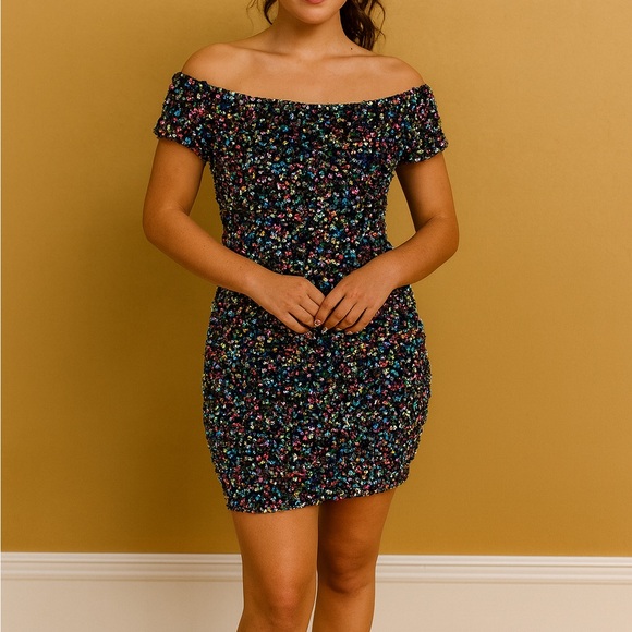 Gianni Bini Black Multicolor‎ Off-Shoulder Mini Dress